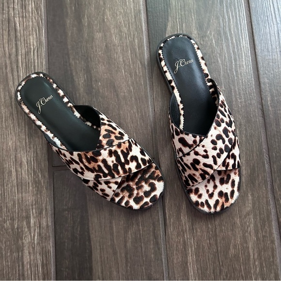 J. Crew Wide Cross Trap Ingrid Sandal Leopard Calf Hair Sz 7 - Picture 2 of 11